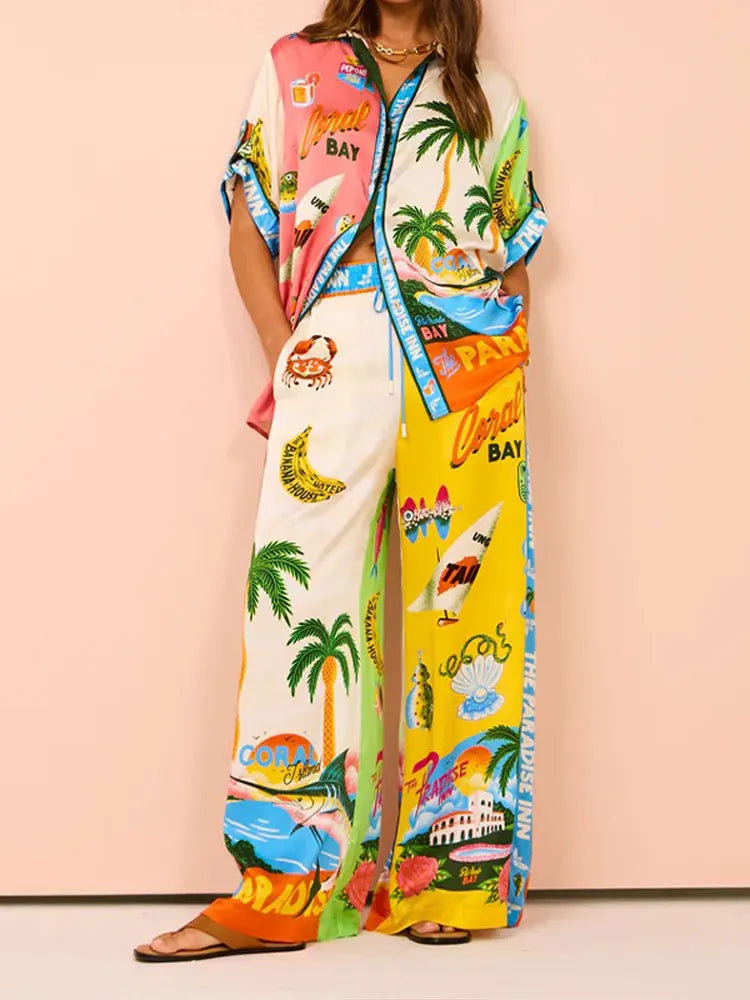 Beach Printed Lapel Shirt Pants Suits