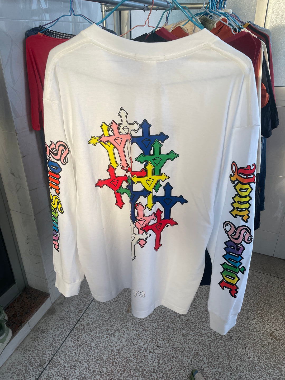 Yaviora Your Savior Gothic Rainbow Cross Print Long Sleeve T-Shirt