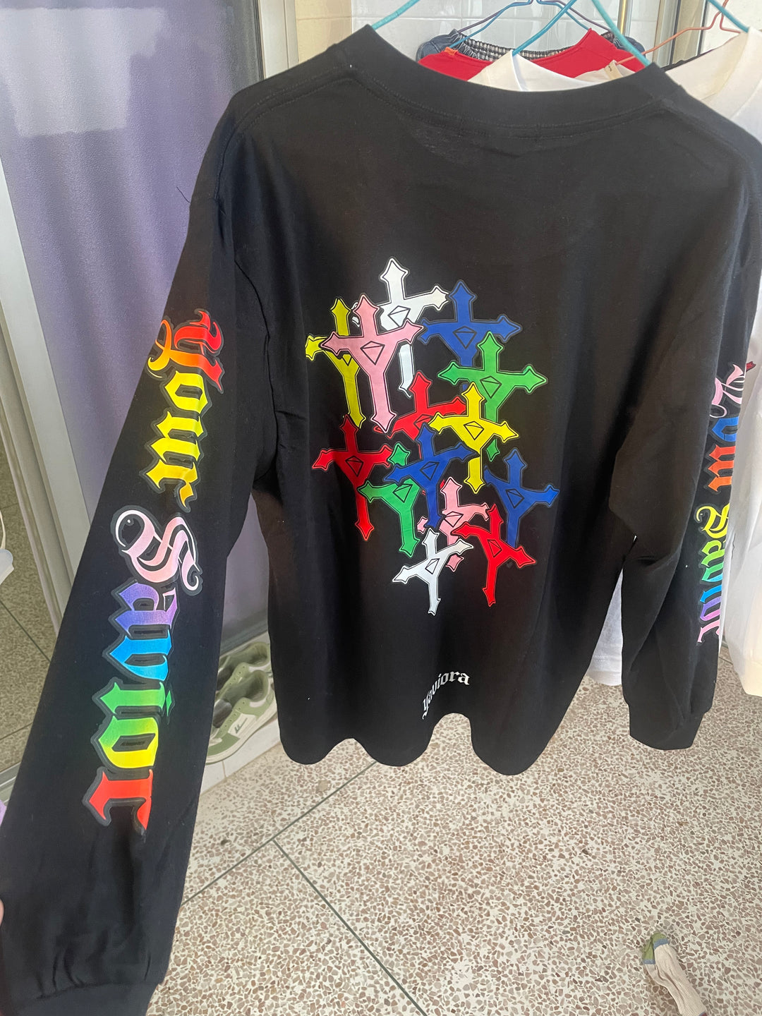 Yaviora Your Savior Gothic Rainbow Cross Print Long Sleeve T-Shirt