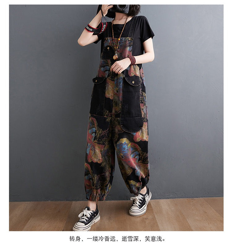 Loose Jeans Black Jumpsuit Casual Ladies Big Pockets Print Floral Denim Overalls Straps Rompers