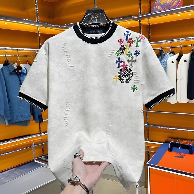 Chrome Hearts-Inspired Distressed T-Shirt with Embroidered Cross