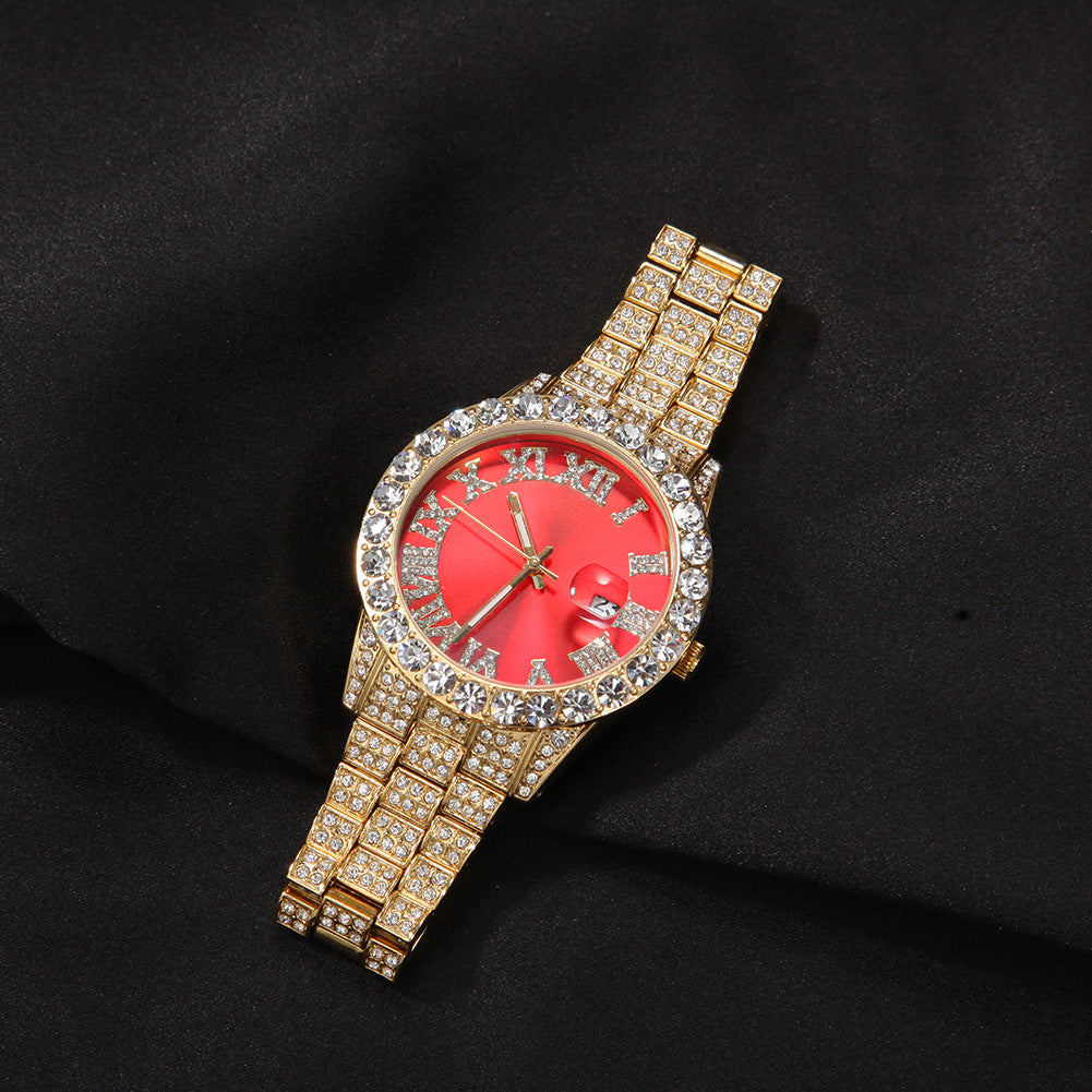 Hip-hop watch with Roman numerals and diamonds, large dial