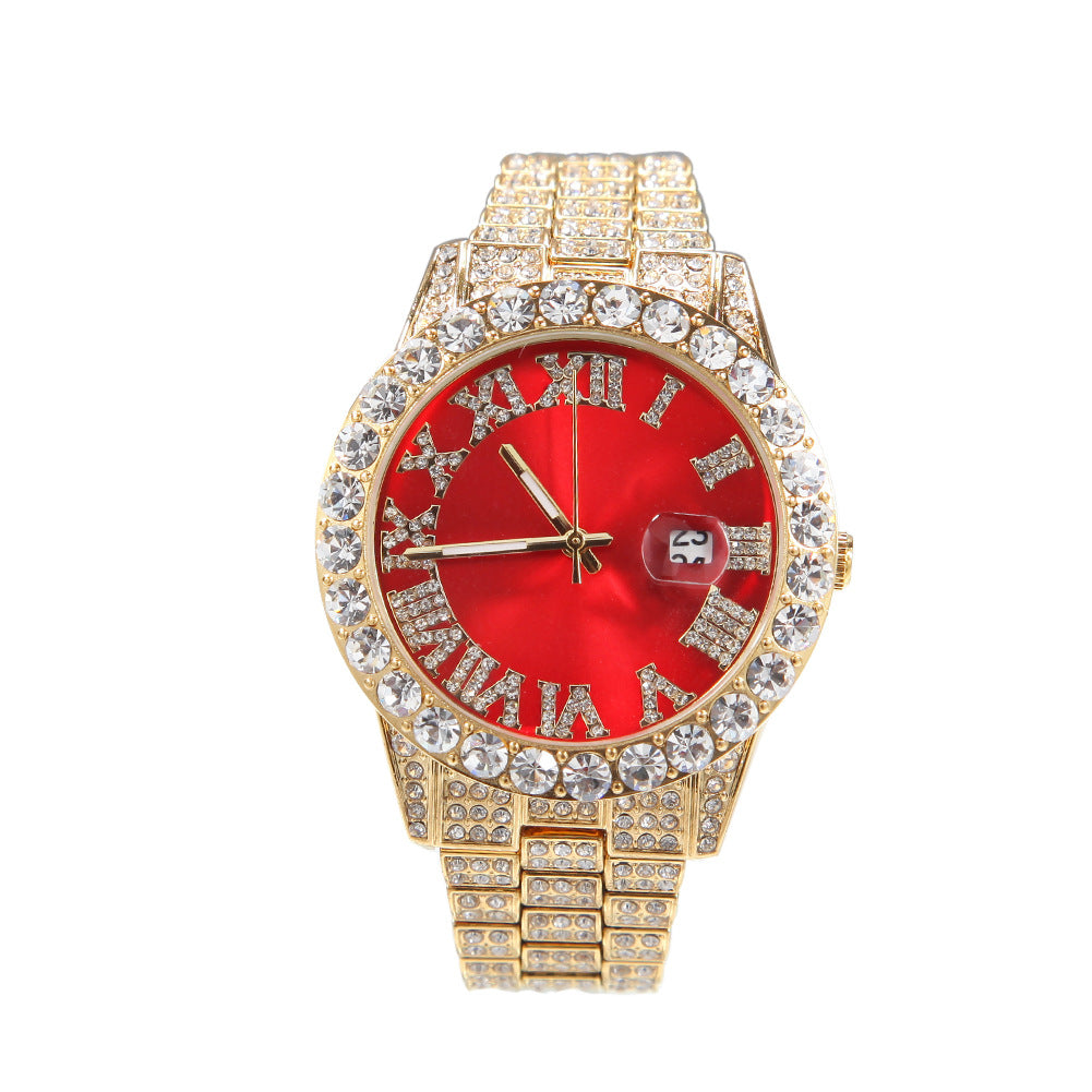 Hip-hop watch with Roman numerals and diamonds, large dial