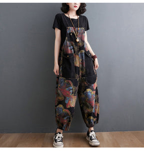 Loose Jeans Black Jumpsuit Casual Ladies Big Pockets Print Floral Denim Overalls Straps Rompers