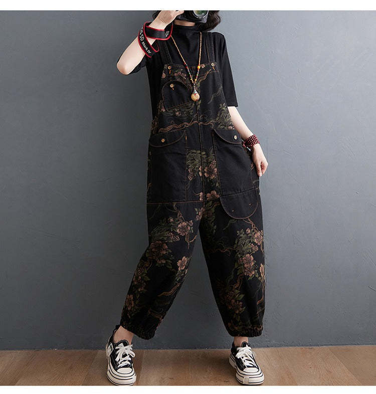 Loose Jeans Black Jumpsuit Casual Ladies Big Pockets Print Floral Denim Overalls Straps Rompers