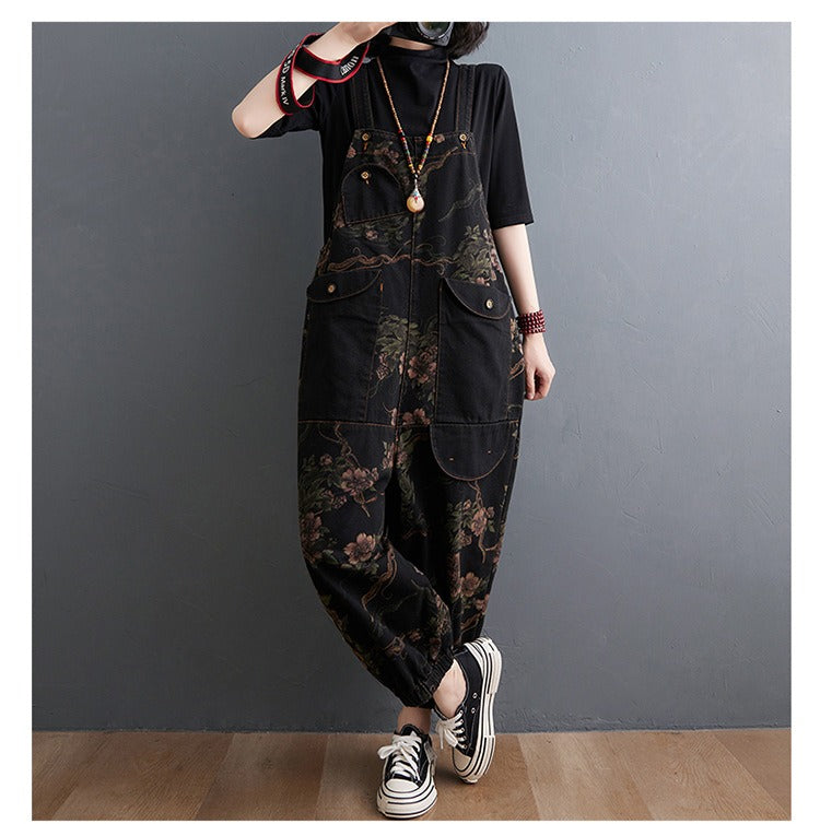 Loose Jeans Black Jumpsuit Casual Ladies Big Pockets Print Floral Denim Overalls Straps Rompers