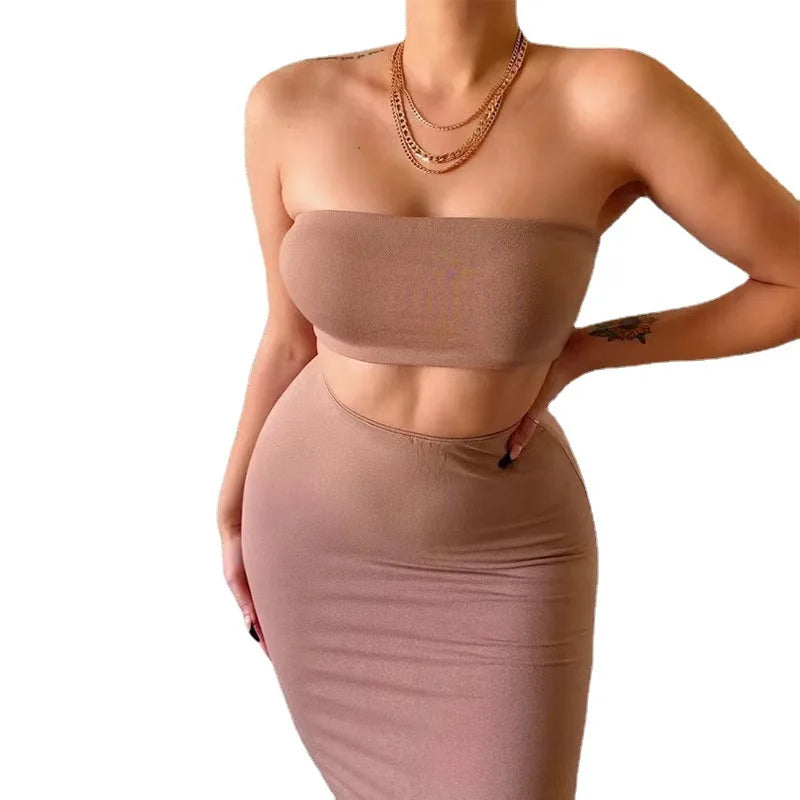 Long Skirt Sets Strapless Tube Top Bodycon Two Piece Outfit Summer Clothing