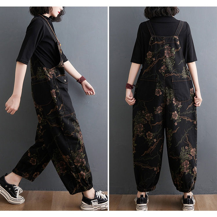 Loose Jeans Black Jumpsuit Casual Ladies Big Pockets Print Floral Denim Overalls Straps Rompers