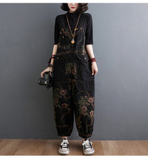 Loose Jeans Black Jumpsuit Casual Ladies Big Pockets Print Floral Denim Overalls Straps Rompers