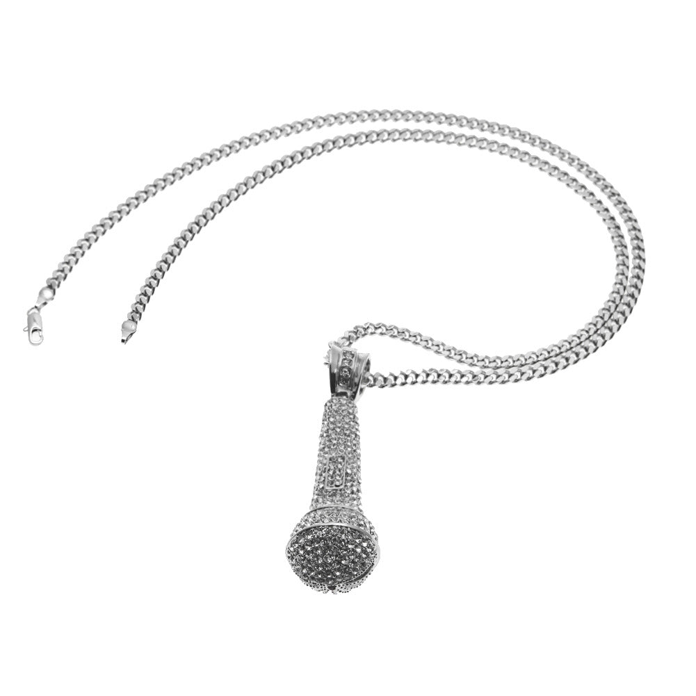 Hip-hop diamond-encrusted microphone necklaces.