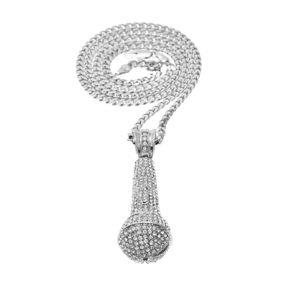 Hip-hop diamond-encrusted microphone necklaces.