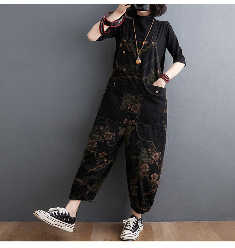 Loose Jeans Black Jumpsuit Casual Ladies Big Pockets Print Floral Denim Overalls Straps Rompers