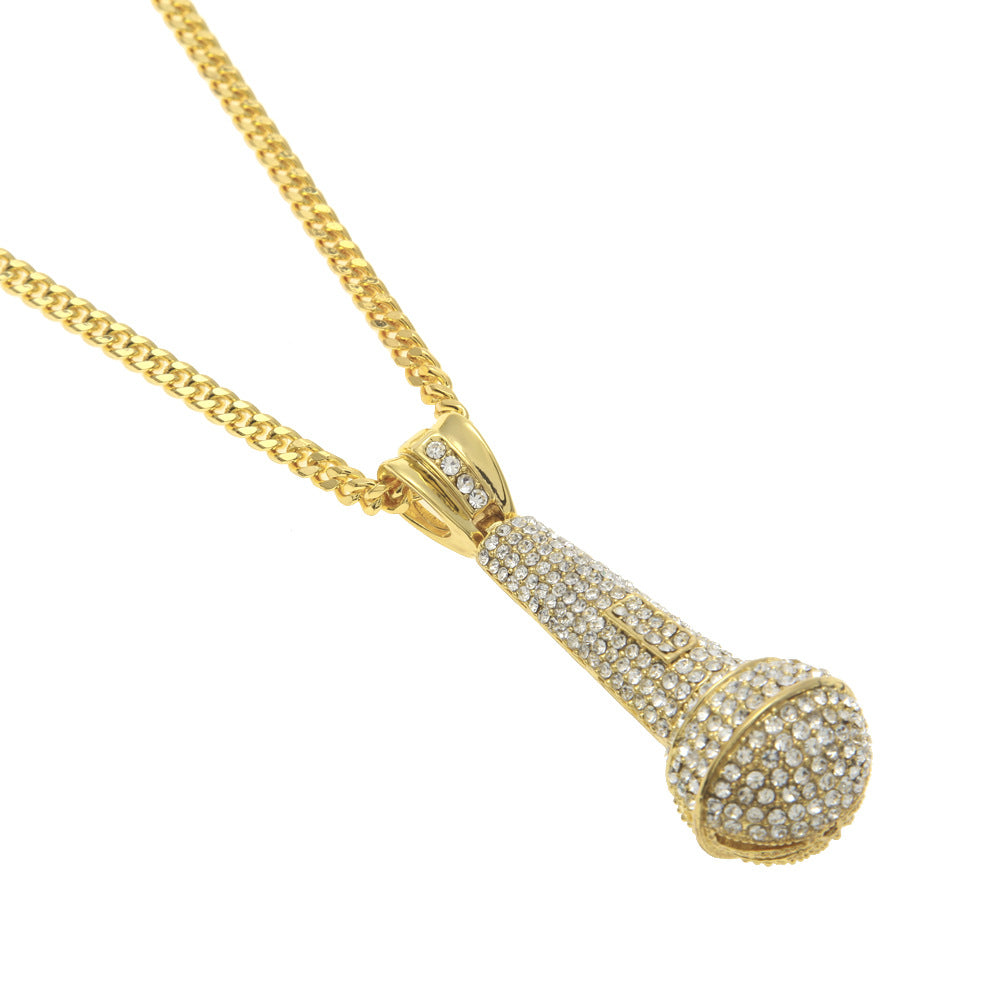 Hip-hop diamond-encrusted microphone necklaces.