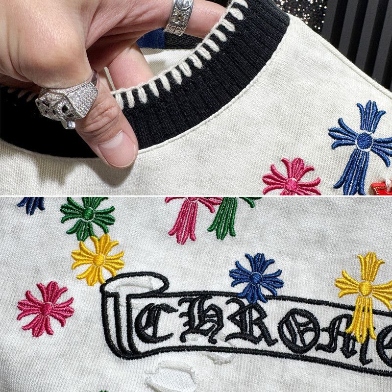 Chrome Hearts-Inspired Distressed T-Shirt with Embroidered Cross