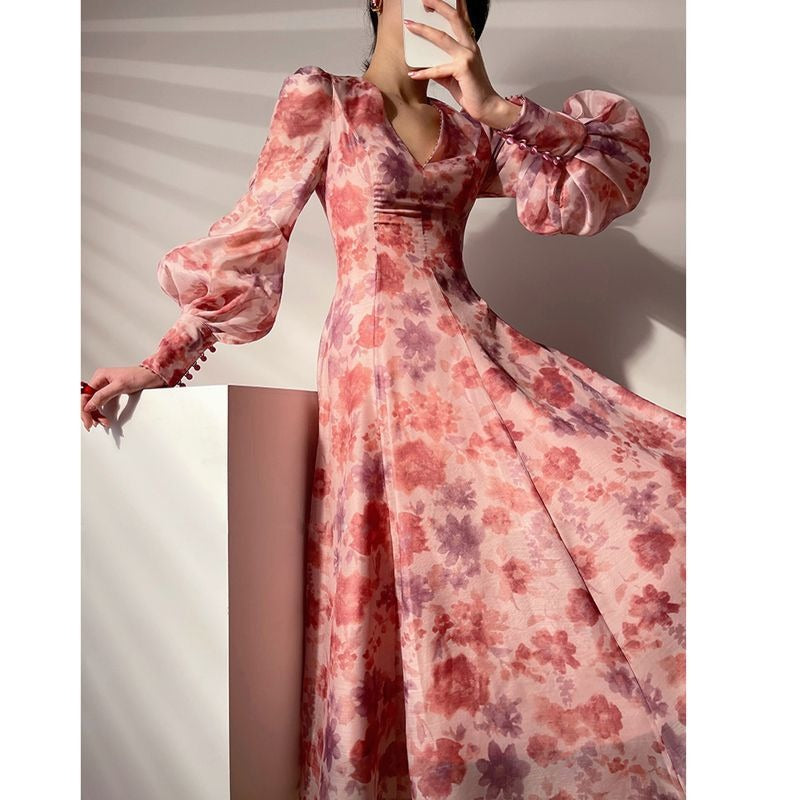 V-neck Floral Printed Dress Women Elegant Puff Sleeve Slim A-line Dress