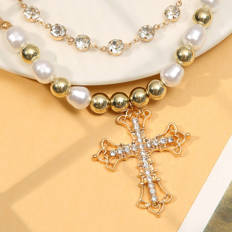 Bling Cross Pendant Necklaces for Women Girl Gift Wedding Neck Jewelry Goth Pearl Necklace