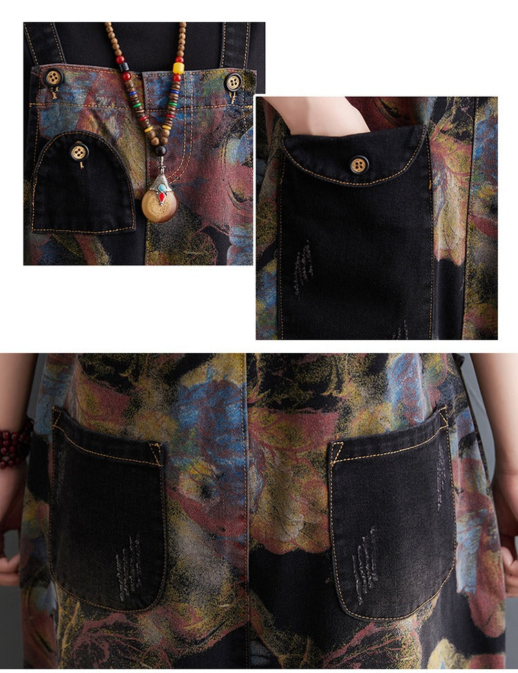 Loose Jeans Black Jumpsuit Casual Ladies Big Pockets Print Floral Denim Overalls Straps Rompers