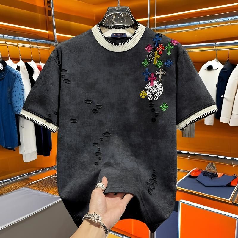 Chrome Hearts-Inspired Distressed T-Shirt with Embroidered Cross