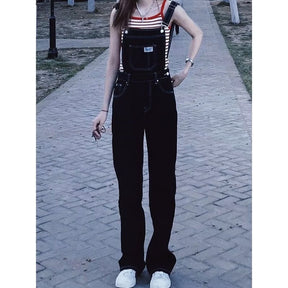 Denim Jumpsuit Women Baggy Jeans Jumpsuits High Waist Wide Leg Overalls Trousers