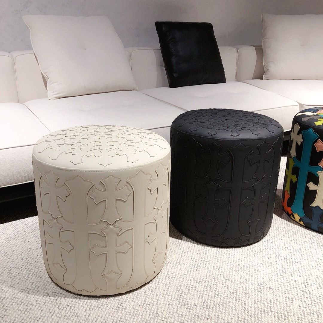 Chrome Hearts Pattern Colorful Round Stool Leather Seat