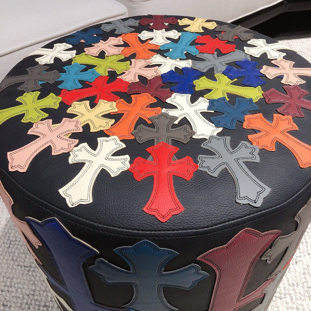 Chrome Hearts Pattern Colorful Round Stool Leather Seat