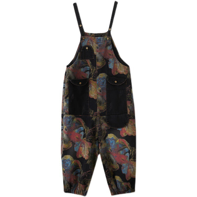 Loose Jeans Black Jumpsuit Casual Ladies Big Pockets Print Floral Denim Overalls Straps Rompers