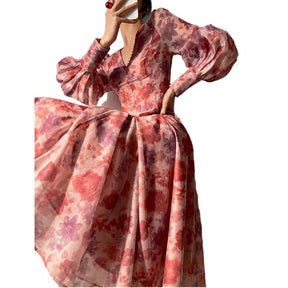 V-neck Floral Printed Dress Women Elegant Puff Sleeve Slim A-line Dress