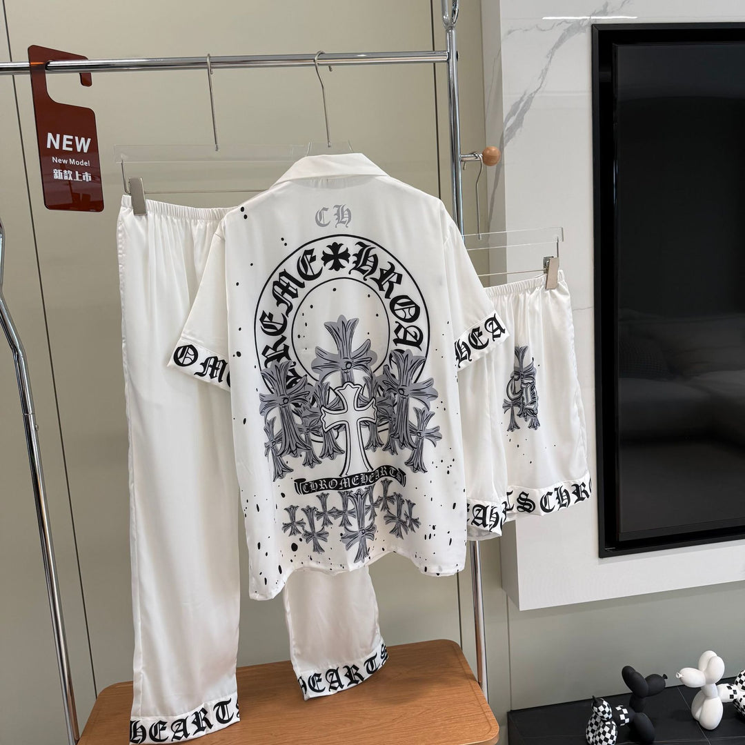 Chrome Hearts-Inspired "Ice Silk" Printed Pajama Set for Couples