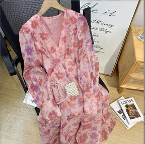 V-neck Floral Printed Dress Women Elegant Puff Sleeve Slim A-line Dress