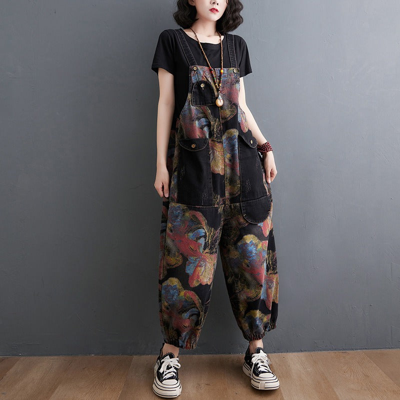 Loose Jeans Black Jumpsuit Casual Ladies Big Pockets Print Floral Denim Overalls Straps Rompers