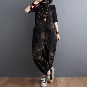 Loose Jeans Black Jumpsuit Casual Ladies Big Pockets Print Floral Denim Overalls Straps Rompers