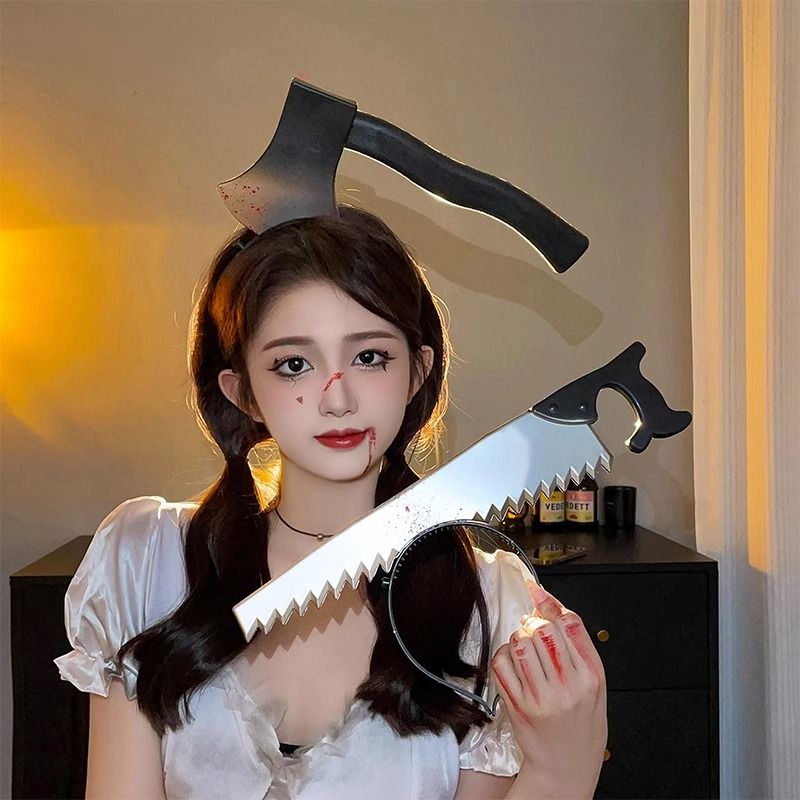 Halloween weird, scary headdress, headband, kitchen knife, wrench, axe, syringe