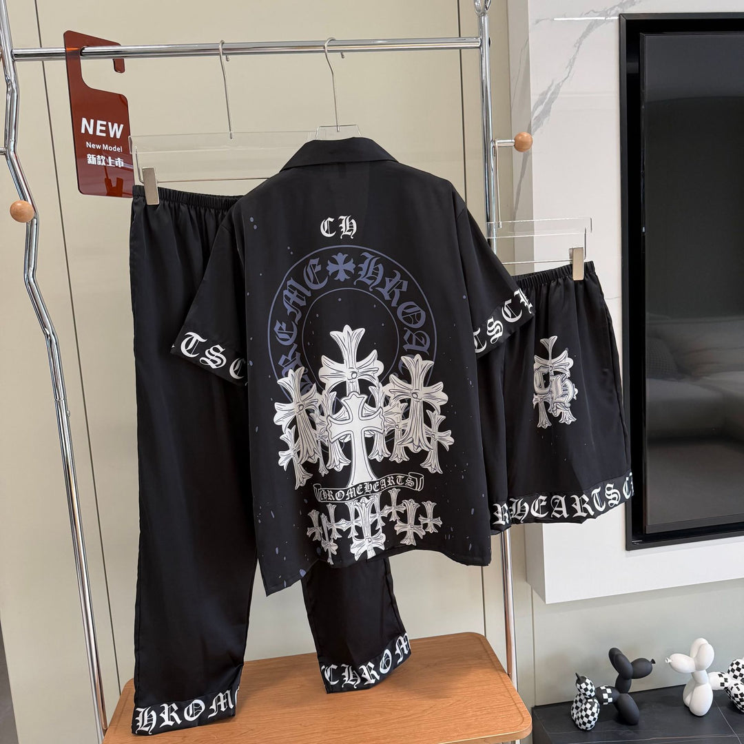 Chrome Hearts-Inspired "Ice Silk" Printed Pajama Set for Couples