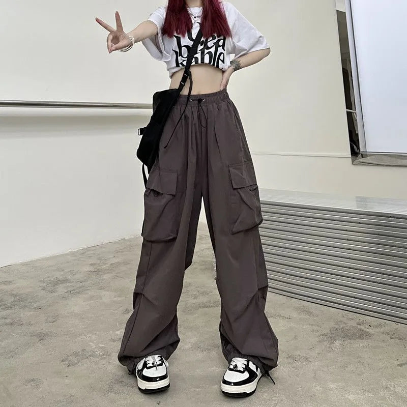 Y2K Cargo Pants Wide Leg Drawstring Oversize Pockets Joggers Trousers