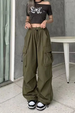 Y2K Cargo Pants Wide Leg Drawstring Oversize Pockets Joggers Trousers