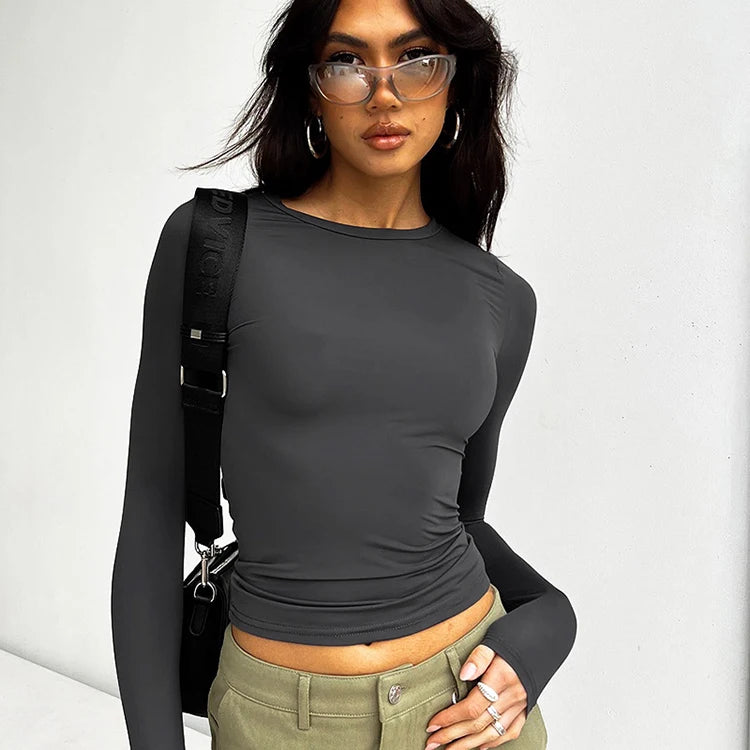 Autumn Winter Y2k Crop Women Long Sleeve T Shirt O Neck Slim Fit Pullovers