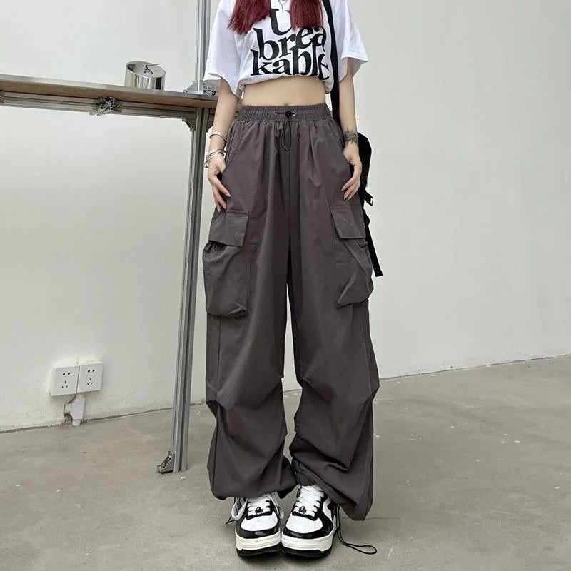 Y2K Cargo Pants Wide Leg Drawstring Oversize Pockets Joggers Trousers