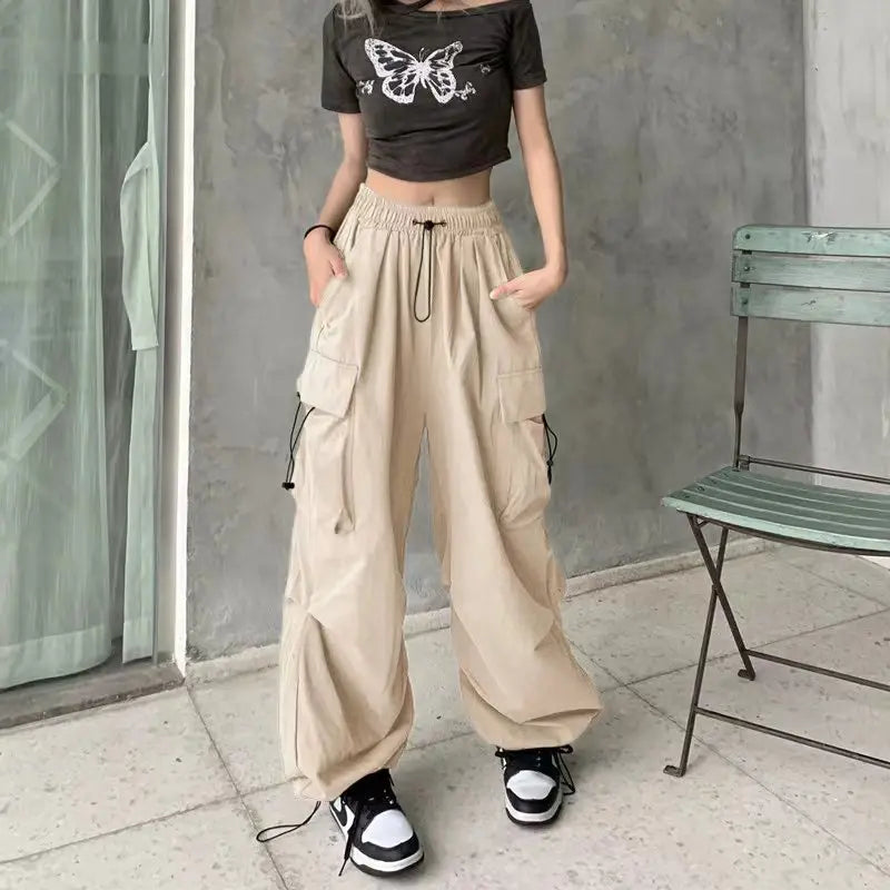 Y2K Cargo Pants Wide Leg Drawstring Oversize Pockets Joggers Trousers