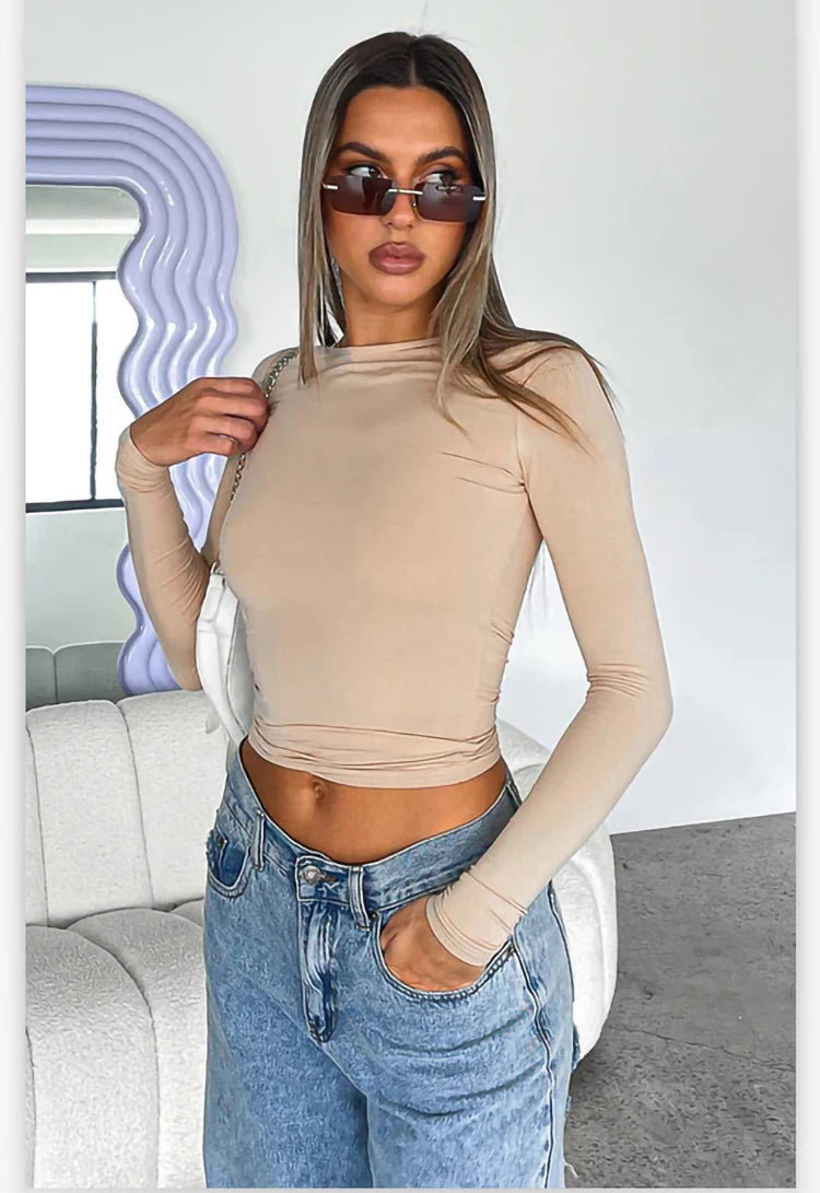 Autumn Winter Y2k Crop Women Long Sleeve T Shirt O Neck Slim Fit Pullovers