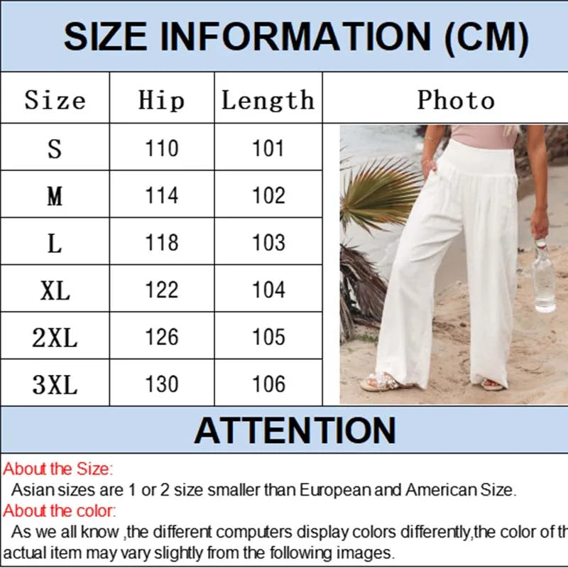 Women Cotton And Linen Pants Elastic High-Waist Thin Casual Pocket Trousers