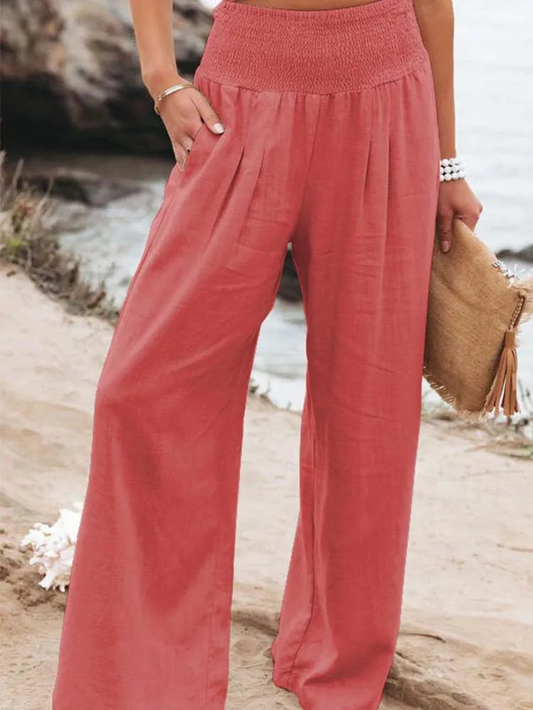 Women Cotton And Linen Pants Elastic High-Waist Thin Casual Pocket Trousers