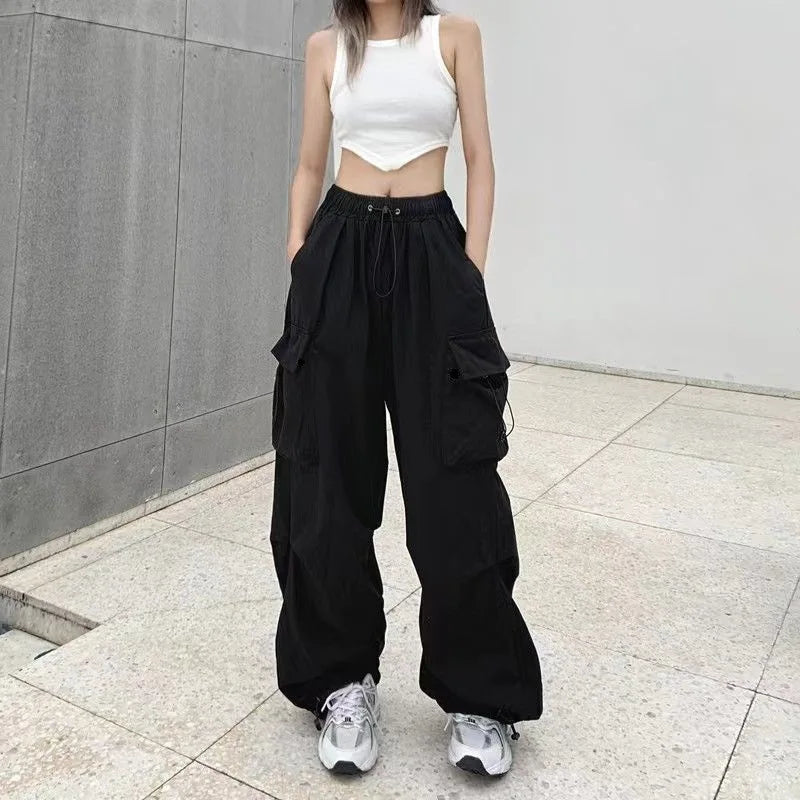 Y2K Cargo Pants Wide Leg Drawstring Oversize Pockets Joggers Trousers