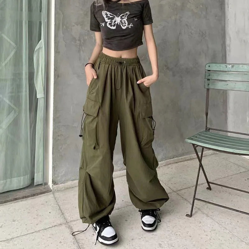 Y2K Cargo Pants Wide Leg Drawstring Oversize Pockets Joggers Trousers