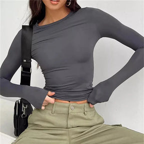 Autumn Winter Y2k Crop Women Long Sleeve T Shirt O Neck Slim Fit Pullovers