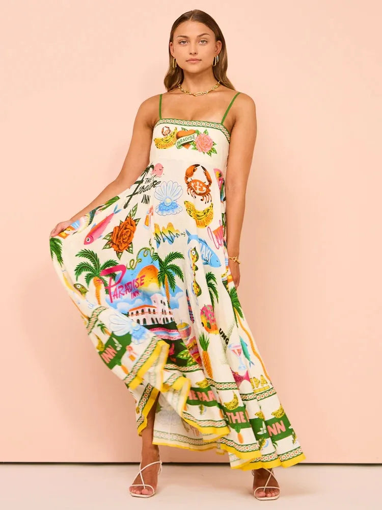 Beach Spaghetti Strap Long Dress Printed Backless Sleeveless Drawstring Dress