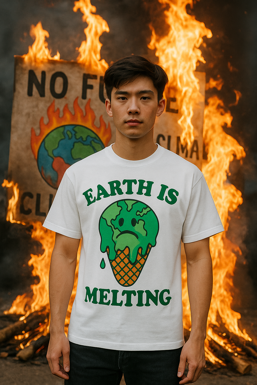 Unisex Eco Graphic T-Shirt – EARTH IS MELTING Sad Globe Ice Cream Print Tee