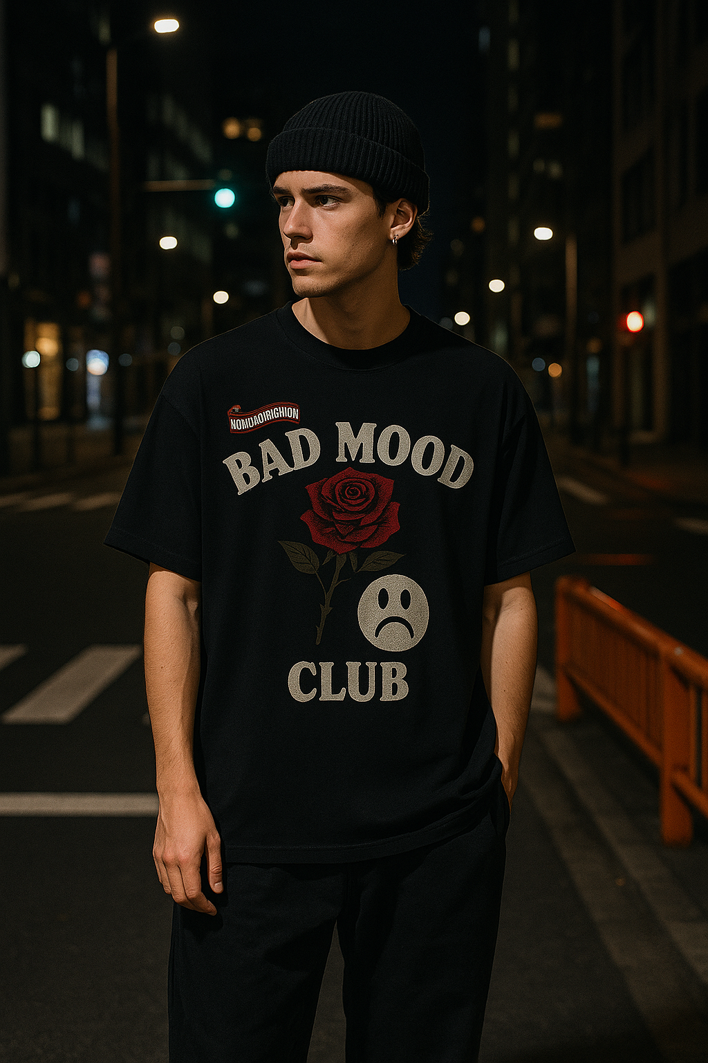 Unisex BAD MOOD CLUB Graphic T-Shirt – Sad Face & Rose Dark Streetwear Tee