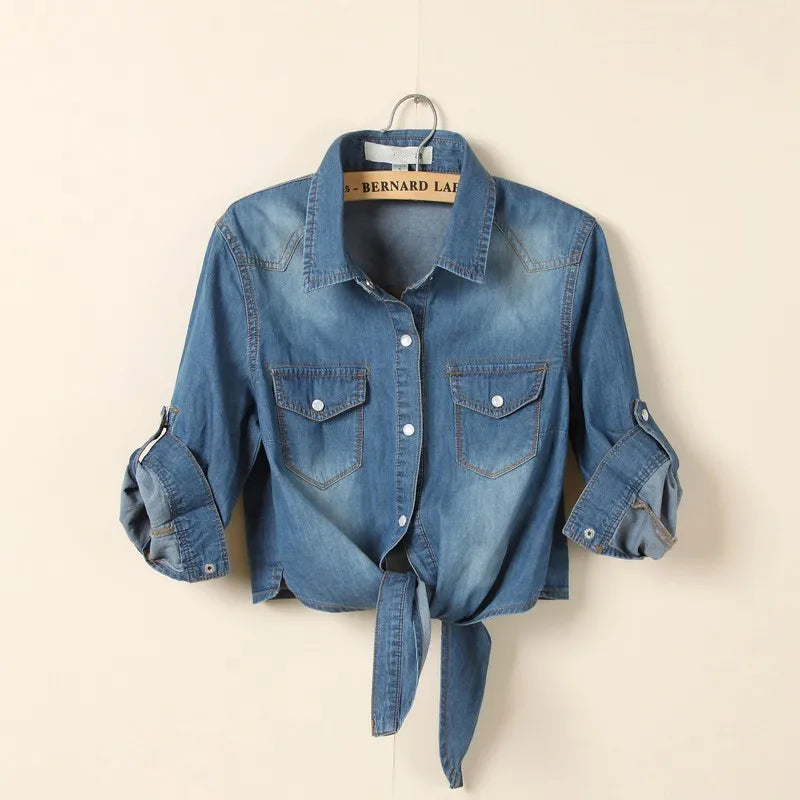 Denim Shirt Short Sleeve Womens Tops Chemise Femme Crop Tops