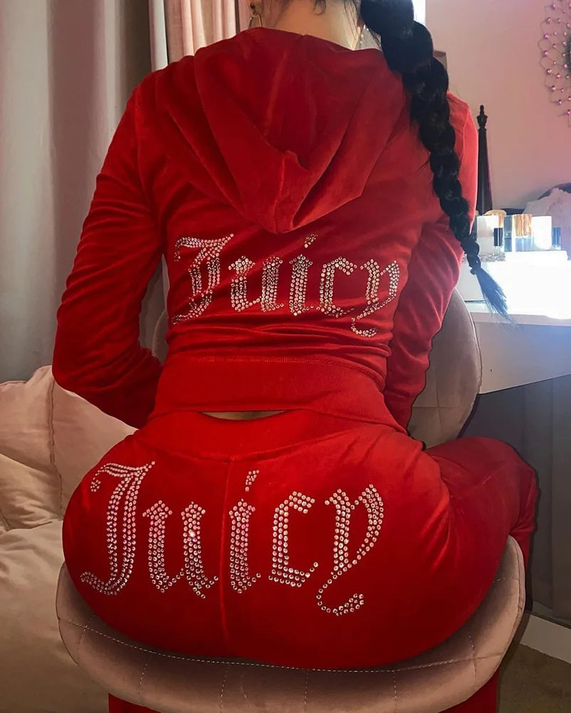 Printed Velvet Tracksuit For Women Hoodie Zipper Sweatshirt High Waist Casual Sports Pants