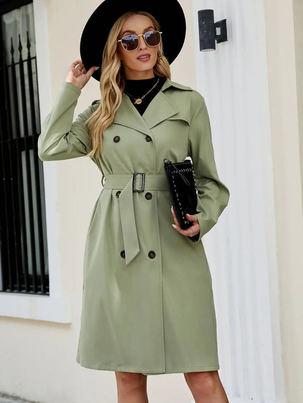 Elegant Solid Color Long Trench Double Breasted Long Sleeve Coats